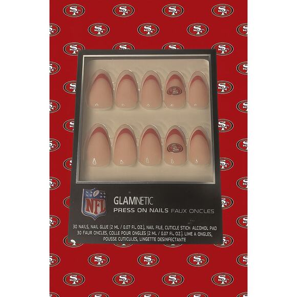 San Francisco 49ers Press-On Nails | Red French Tips + Logo Accent 🏈 - Picture 1 of 6